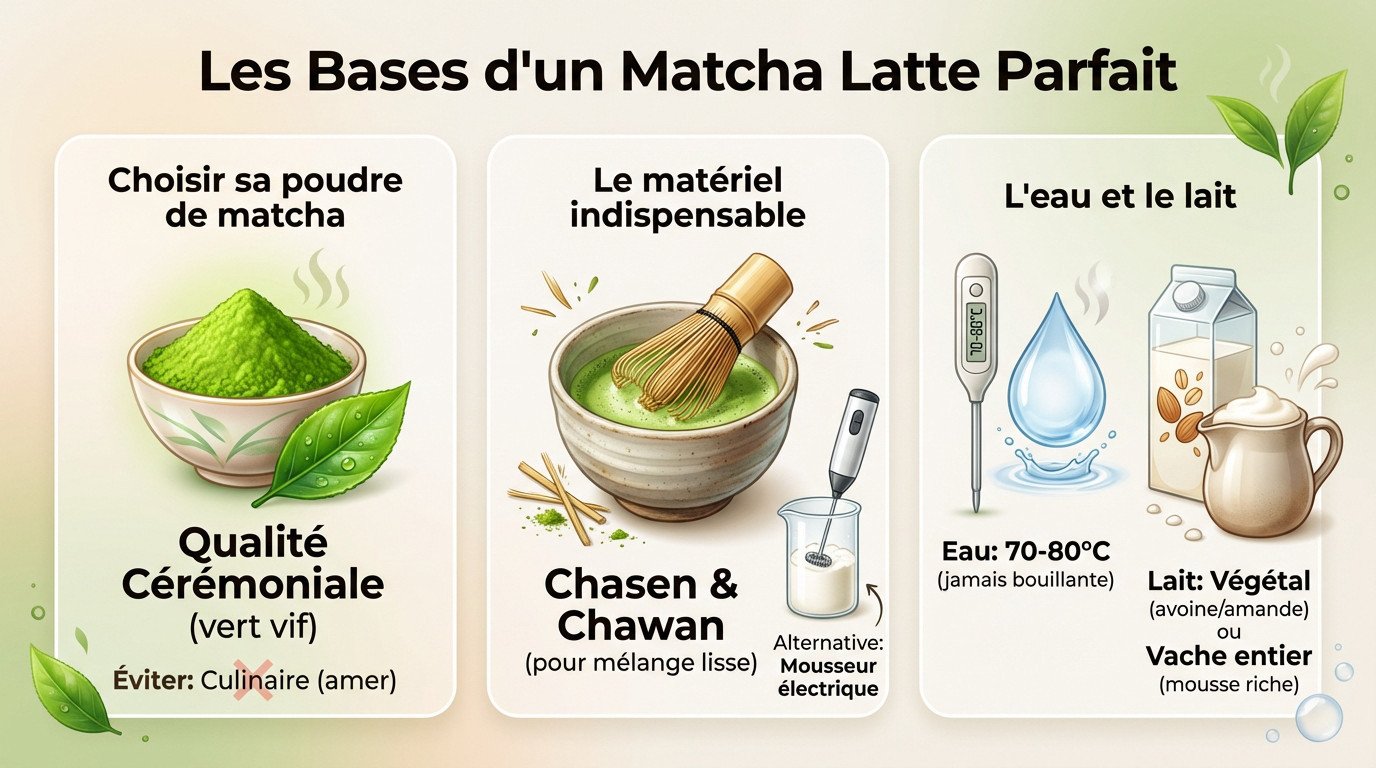 Préparation d'un matcha latte avec fouet en bambou et poudre verte de qualité cérémonielle