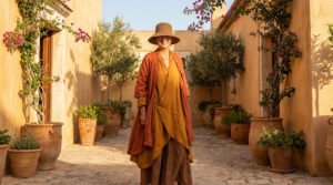 Elegant woman in flowing terracotta and orange outfit, straw hat, smiling in a sunny Mediterranean courtyard with potted plants.