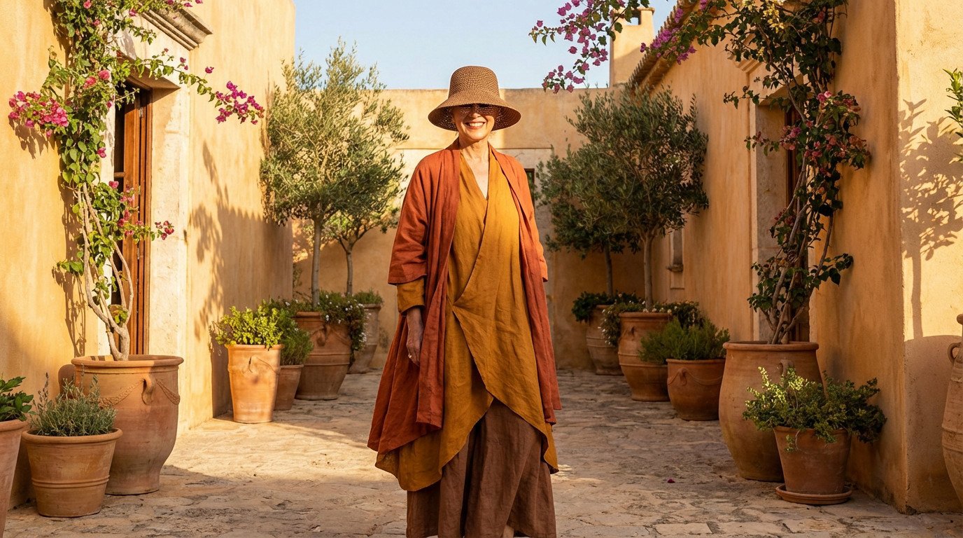 Elegant woman in flowing terracotta and orange outfit, straw hat, smiling in a sunny Mediterranean courtyard with potted plants.