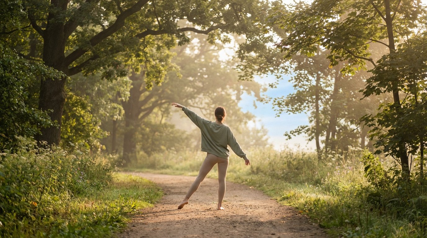 Rear view of a person in light activewear stretching gracefully on a sunlit forest path, surrounded by lush green trees.