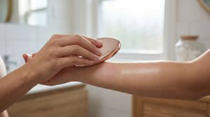Hand holds rose gold hair removal eraser on forearm, showing smooth skin next to subtly irritated skin in a bright bathroom.