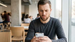 Man in grey shirt, 30s-40s, looking at smartphone with subtle frustration in a modern café. Blurred background. Natural light.