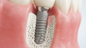 Detailed view of a dental implant in bone and gum. Healthy osseointegration on left, subtle inflammation on right.