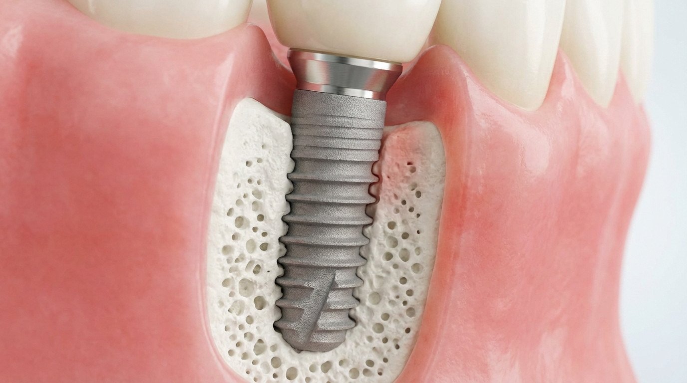 Detailed view of a dental implant in bone and gum. Healthy osseointegration on left, subtle inflammation on right.