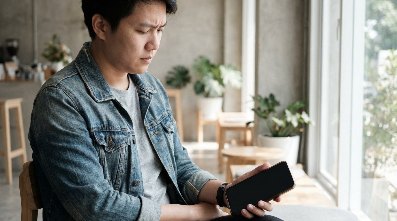 A man in a denim jacket looks thoughtfully at his smartphone's blank screen in a sunlit cafe, conveying introspection.