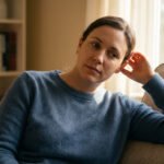A woman in her 30s-40s with a pensive expression, hand near her left ear, sits on a couch. Soft light illuminates her face in a warm, blurred home setting.