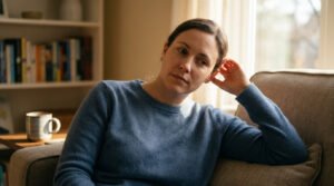 A woman in her 30s-40s with a pensive expression, hand near her left ear, sits on a couch. Soft light illuminates her face in a warm, blurred home setting.