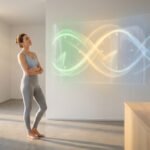 Woman in athleisure wear looks thoughtfully at a glowing abstract time display in a bright, minimalist home, symbolizing personalized health.