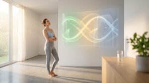 Woman in athleisure wear looks thoughtfully at a glowing abstract time display in a bright, minimalist home, symbolizing personalized health.