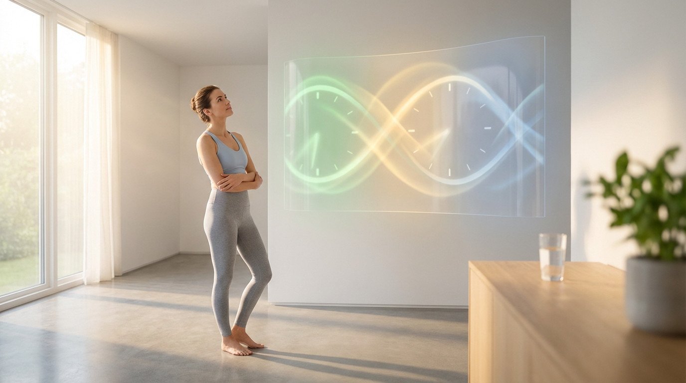 Woman in athleisure wear looks thoughtfully at a glowing abstract time display in a bright, minimalist home, symbolizing personalized health.
