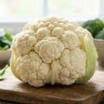 A pristine white cauliflower head on a wooden board, with blurred bowls of spinach and broccoli in the background. A 'Healthy Vitality' tag is visible.