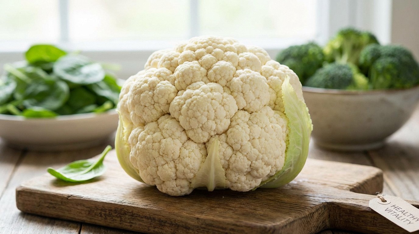 A pristine white cauliflower head on a wooden board, with blurred bowls of spinach and broccoli in the background. A 'Healthy Vitality' tag is visible.