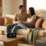 A couple sits closely on a cream sofa in a warm, modern living room. Their hands touch, and a digital clock shows 14:14 on the coffee table.