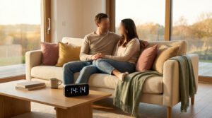 A couple sits closely on a cream sofa in a warm, modern living room. Their hands touch, and a digital clock shows 14:14 on the coffee table.