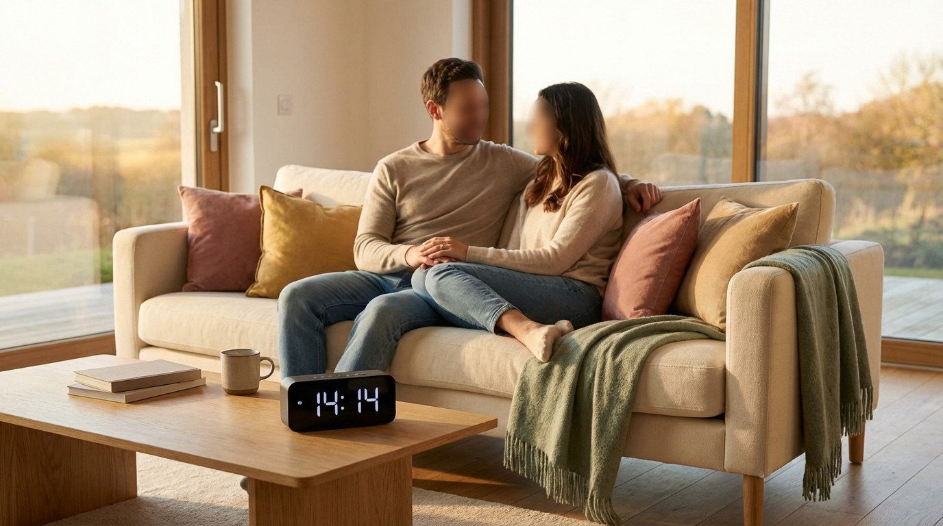 A couple sits closely on a cream sofa in a warm, modern living room. Their hands touch, and a digital clock shows 14:14 on the coffee table.
