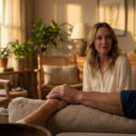 A man and woman sit on a sofa in a warm, sunlit living room. Her hand rests gently on his, symbolizing quiet connection and support.
