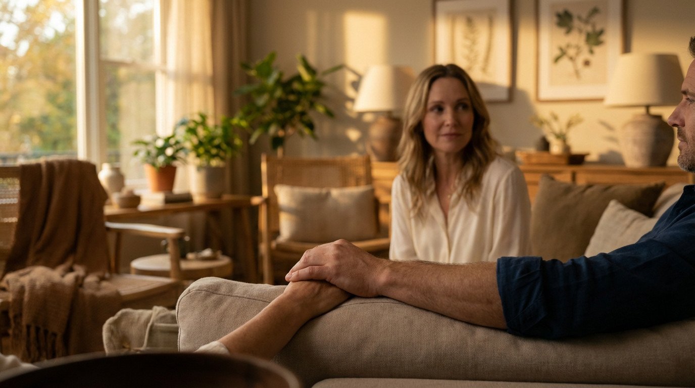 A man and woman sit on a sofa in a warm, sunlit living room. Her hand rests gently on his, symbolizing quiet connection and support.