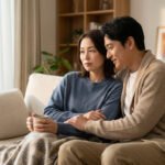 Two individuals, a man and a woman, seated on a plush sofa in a modern living room. The man offers comfort as the woman holds a mug, deep in thought, bathed in soft daylight.