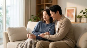 Two individuals, a man and a woman, seated on a plush sofa in a modern living room. The man offers comfort as the woman holds a mug, deep in thought, bathed in soft daylight.