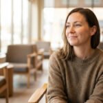 Woman with serene smile in a modern, warm-lit cafe, conveying thoughtful confidence and quiet contentment.