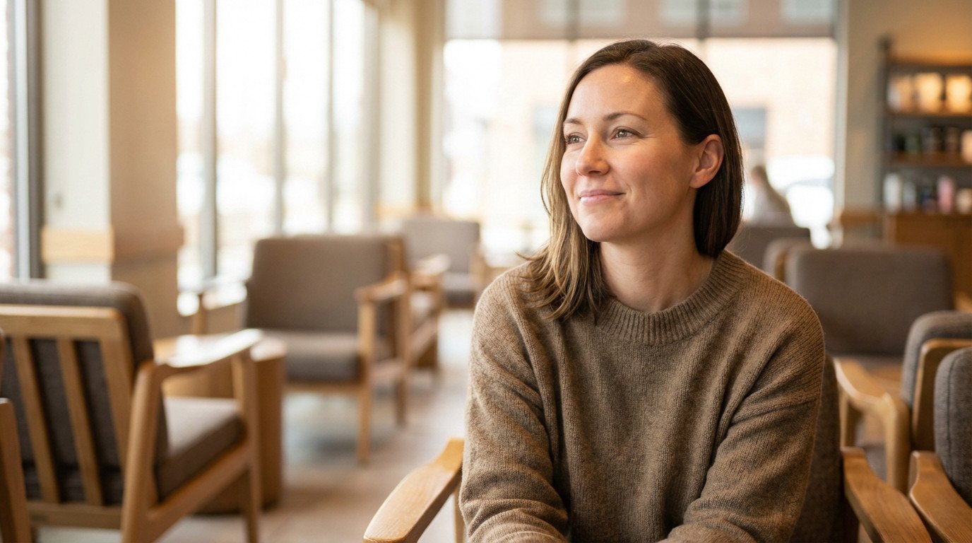 Woman with serene smile in a modern, warm-lit cafe, conveying thoughtful confidence and quiet contentment.