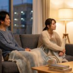 Man and woman on a sofa in a warm, evening living room. Both look forward, not at each other, suggesting unspoken emotional distance.