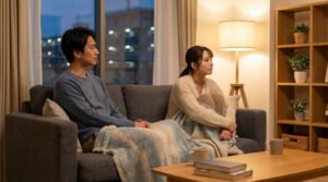 Man and woman on a sofa in a warm, evening living room. Both look forward, not at each other, suggesting unspoken emotional distance.
