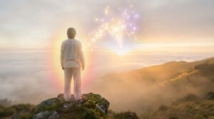 Person with glowing aura on mountain peak at dawn, overlooking clouds. Golden & purple light converges in sky, symbolizing positive attraction.