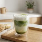 Vibrant iced matcha latte in a clear double-walled glass with distinct green and white layers. A chasen and bowl sit nearby on a linen surface. Soft natural light.