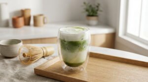 Vibrant iced matcha latte in a clear double-walled glass with distinct green and white layers. A chasen and bowl sit nearby on a linen surface. Soft natural light.