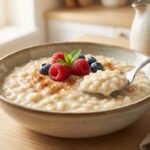 Un bol de riz lait soja ultra-crémeux garni de cannelle, framboises, myrtilles et menthe, avec une cuillère, sur une table en bois.