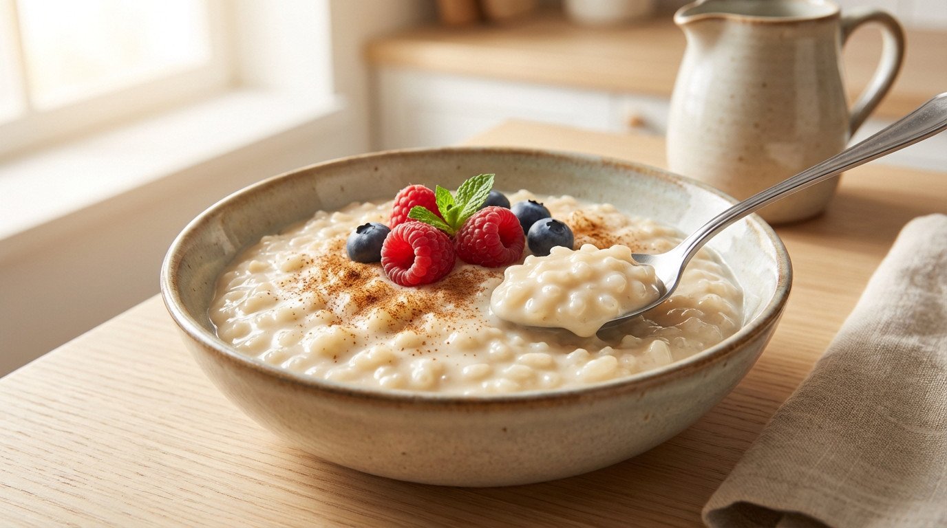 Un bol de riz lait soja ultra-crémeux garni de cannelle, framboises, myrtilles et menthe, avec une cuillère, sur une table en bois.
