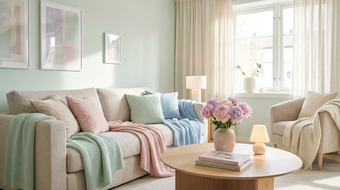 Sala de estar moderna com sofá bege, almofadas e mantas pastel (rosa, azul, verde). Mesa com peônias, luz natural.