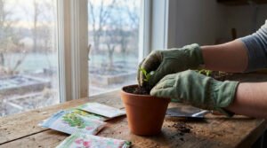 Manos enguantadas trasplantan un pequeño brote verde a una maceta de terracota en una mesa de madera, con paquetes de semillas y una ventana borrosa que muestra un jardín invernal.