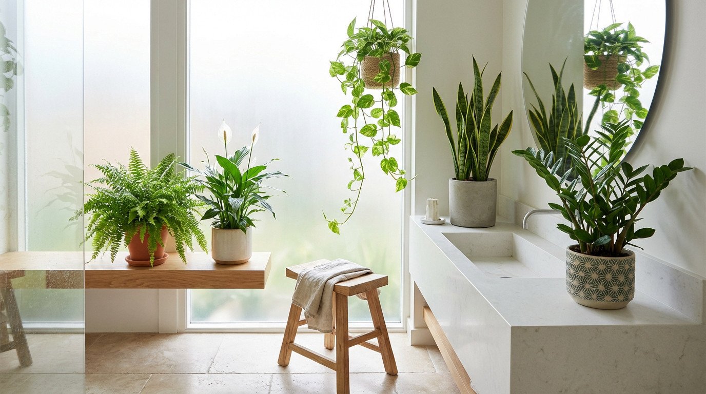 Modern, well-lit bathroom with lush green houseplants: fern, peace lily, pothos, snake plant, ZZ plant. Serene, natural ambiance.