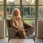 Person with silver hair meditating in a sunlit room, eyes closed, conveying inner peace and wisdom. Soft earth tones and green garden view.