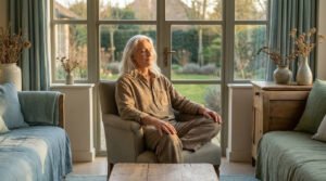 Person with silver hair meditating in a sunlit room, eyes closed, conveying inner peace and wisdom. Soft earth tones and green garden view.