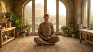 A woman meditates cross-legged on a mat in a sunlit room with stone walls, large arched windows, and potted plants. Golden light fills the peaceful scene.