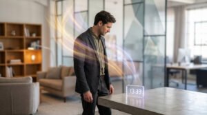A man stands thoughtfully, surrounded by ethereal lights, gazing at a digital clock showing 13:33. Blended personal and professional background.