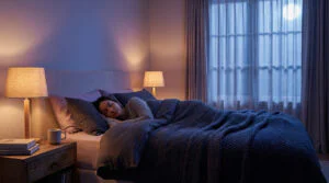 A woman sleeps peacefully in a cozy bedroom at night, bathed in soft warm light from lamps and cool light from a window.