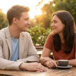 A man in a beige jacket and a woman in a terracotta top share a subtle, knowing gaze at an outdoor cafe during sunset.