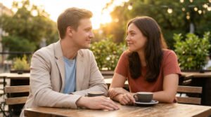 A man in a beige jacket and a woman in a terracotta top share a subtle, knowing gaze at an outdoor cafe during sunset.