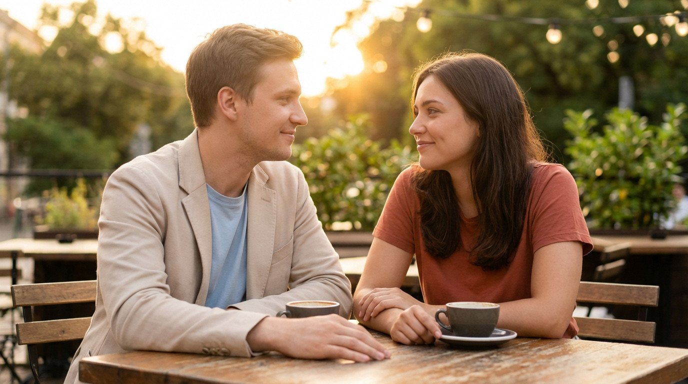 A man in a beige jacket and a woman in a terracotta top share a subtle, knowing gaze at an outdoor cafe during sunset.