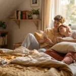 Two people in a sunlit bedroom, one smiling at a phone, the other leaning on them with a mug, conveying warmth and intimacy.