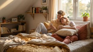 Two people in a sunlit bedroom, one smiling at a phone, the other leaning on them with a mug, conveying warmth and intimacy.