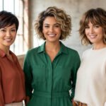 Three diverse women confidently showcase stylish short haircuts: a sleek pixie, a textured bixie, and a layered shaggy bob.