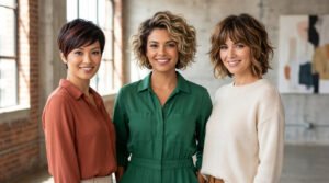 Three diverse women confidently showcase stylish short haircuts: a sleek pixie, a textured bixie, and a layered shaggy bob.