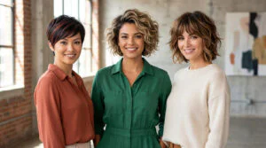 Three diverse women confidently showcase stylish short haircuts: a sleek pixie, a textured bixie, and a layered shaggy bob.