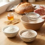 Hands sift semi-whole wheat flour into a bowl on a bright kitchen counter, surrounded by white flour, oats, wheat, and a fresh bread loaf in the background.