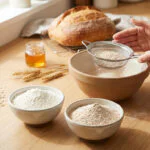 Hands sift semi-whole wheat flour into a bowl on a bright kitchen counter, surrounded by white flour, oats, wheat, and a fresh bread loaf in the background.